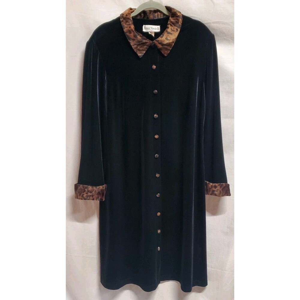 Ronni Nicole II Vtg Black Velvet Animal Print Button Front Dress Duster Coat 20W